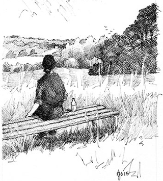 bw image of woman on bench looking at countryside